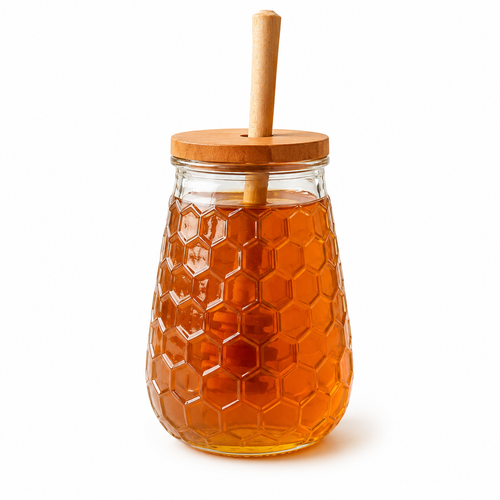 ظرف عسل شیشه ایی طرح کندو با درب چوبی و قاشق چوبی